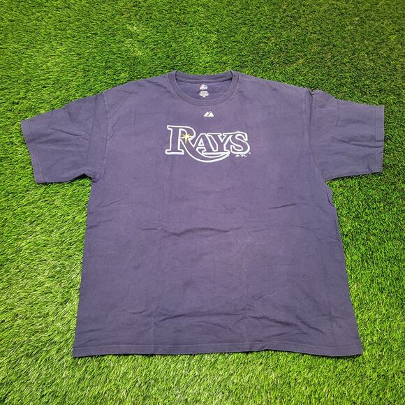 Official Majestic Tampa Bay Rays Script Logo T-Shirt Mens XXL MLB Baseball Faded - Picture 1 of 5